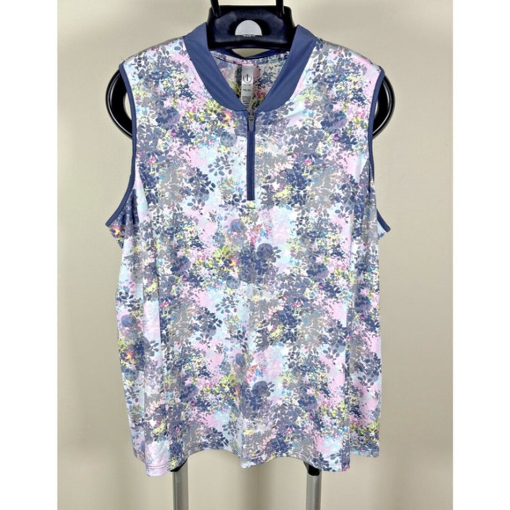 Tee Time Pink Blue Gray Green Floral 1/4 Zip Sleeveless Golf Tank Top Women's XL